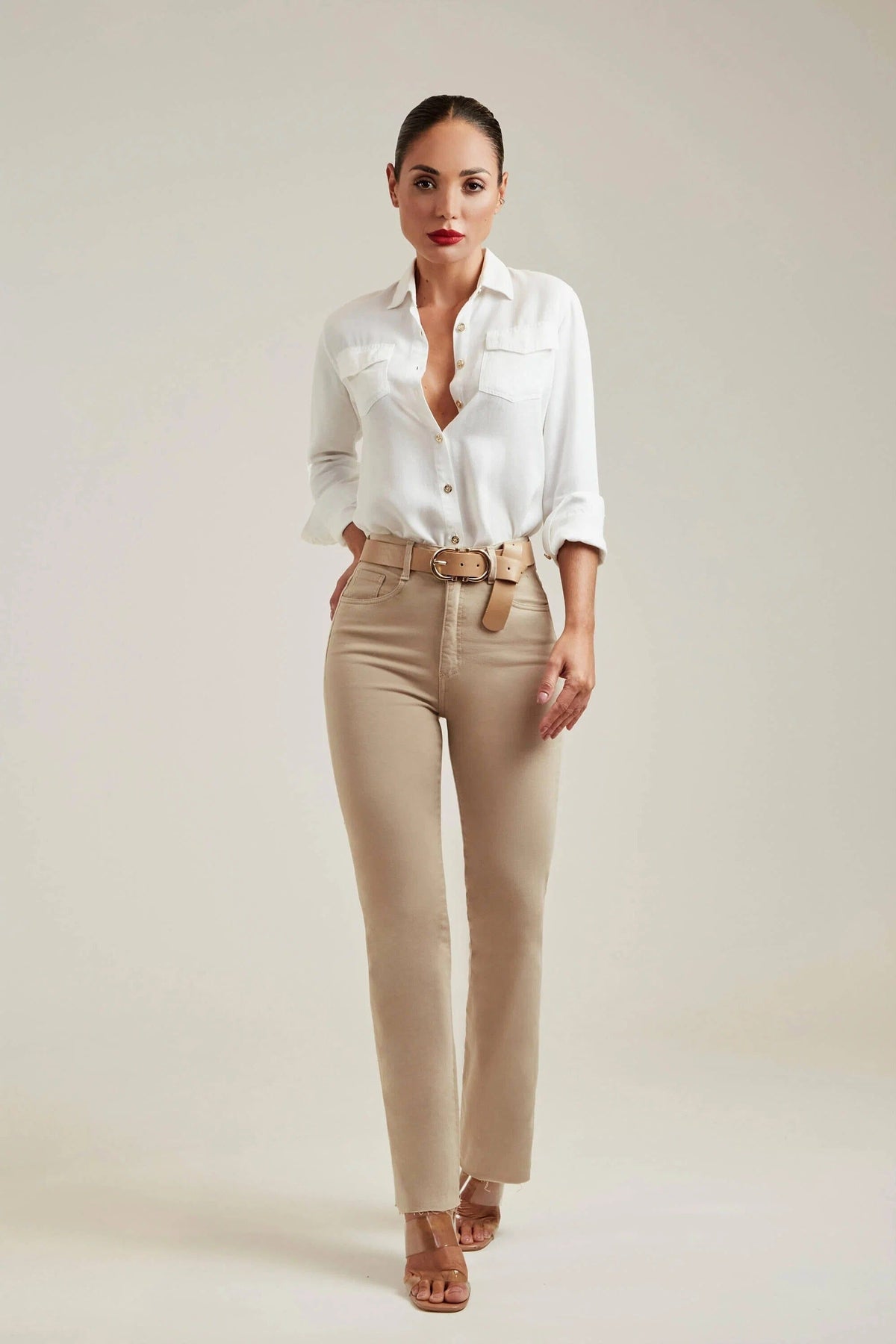Calça Jeans Modeladora Nude Reta Cós Alto Calça Jeans MRL-127 Miralleve 