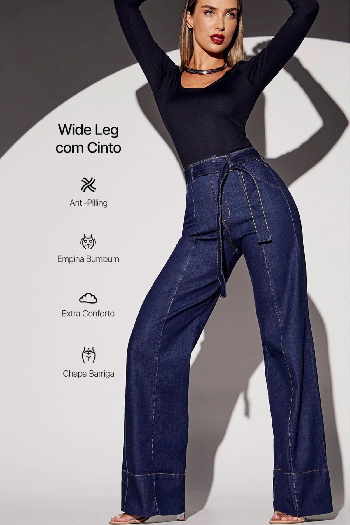 Calça Jeans de Rica Tecnológica Wide Leg Cós Super Alto Calça Jeans MRL-121 Miralleve 