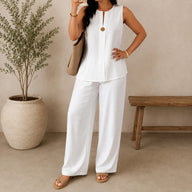 Conjunto Lucienne™ Blusa com Decote de Abertura Frontal e Calça Pantalona